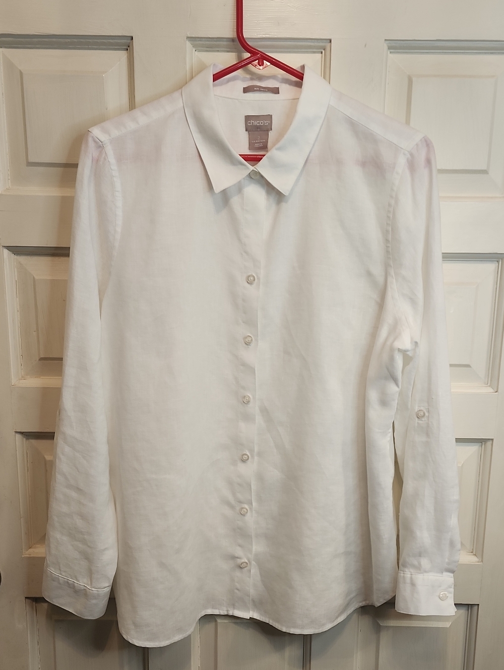 CHICOS 100% LINEN White Long-Sleeve ButtonUp Shirt Classic Collared Dress Shirt